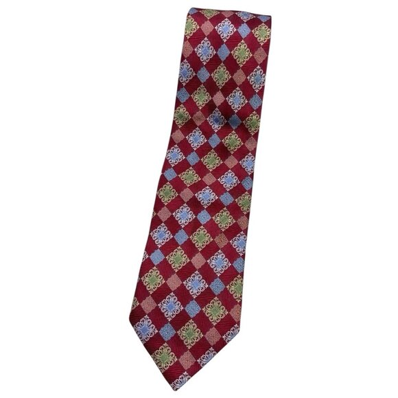 ALTEA Men's 100% Silk Necktie LUXURY XL Burgundy Blue Green Tartan W:3.5" EUC - Picture 1 of 4